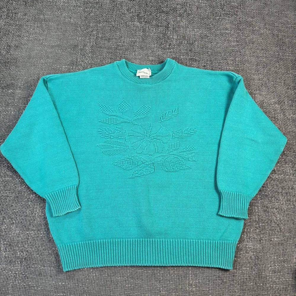 Copper Key Vintage 90s Popcorn Knit Sweater Womens XL Teal Floral Crewneck